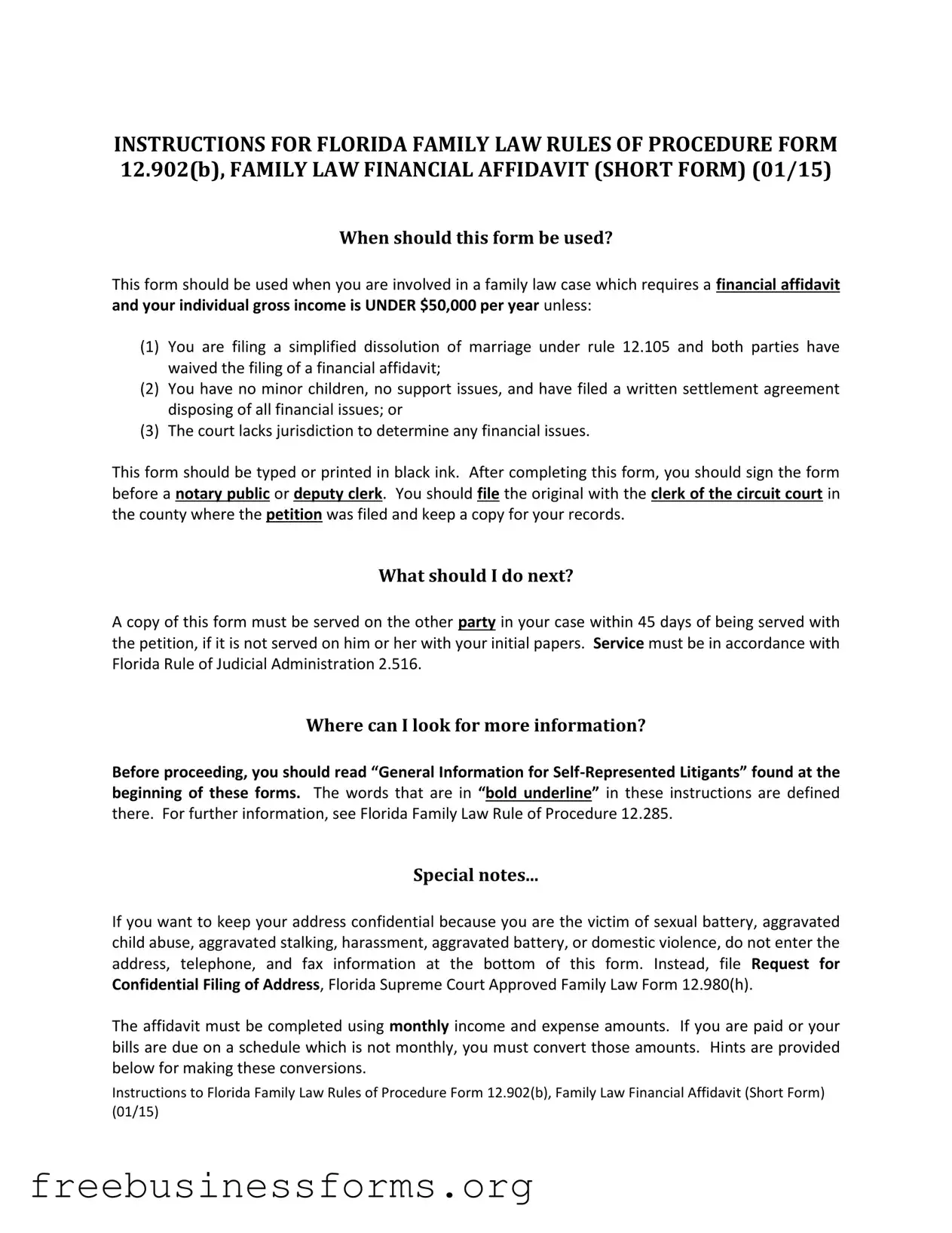 Official Florida Financial Affidavit Short 12.902(b) Form in PDF