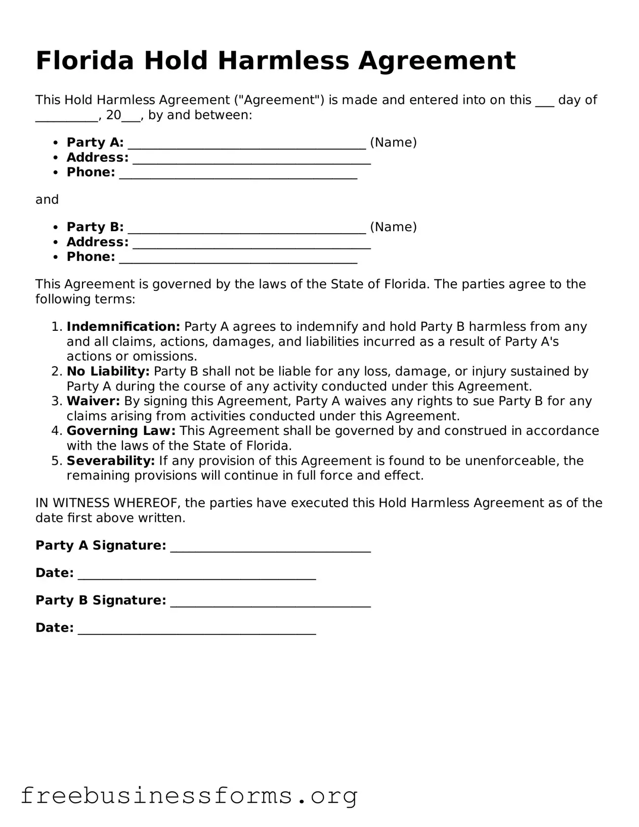 Blank  Hold Harmless Agreement Template for Florida