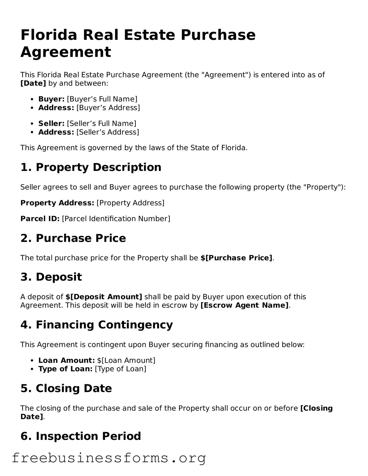 Blank  Real Estate Purchase Agreement Template for Florida