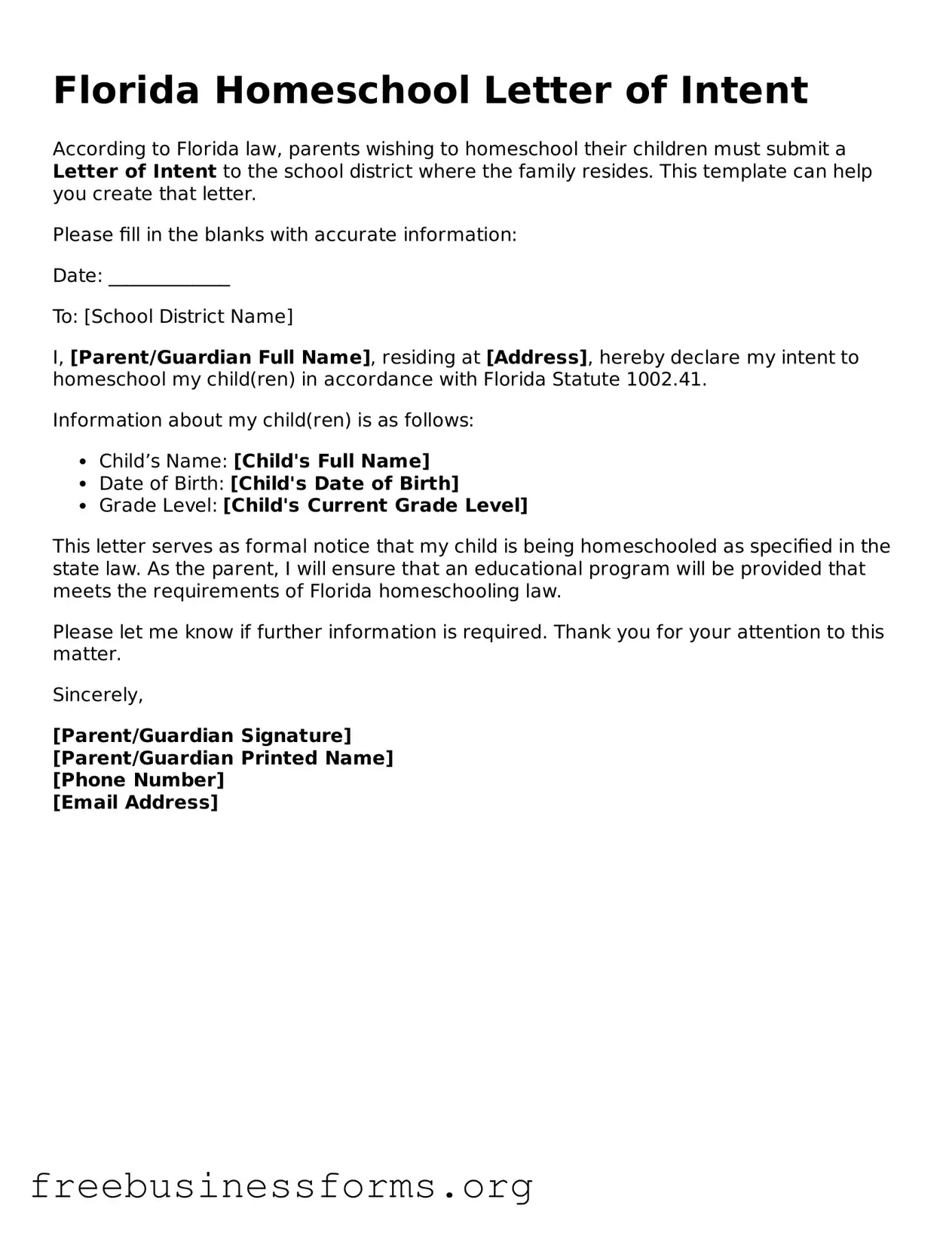Blank Homeschool Letter of Intent Template for Florida