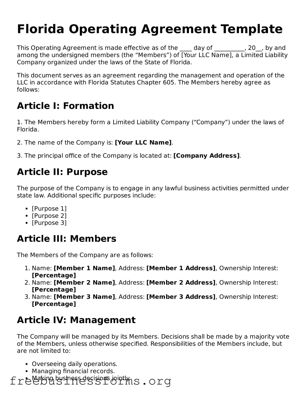 Blank  Operating Agreement Template for Florida