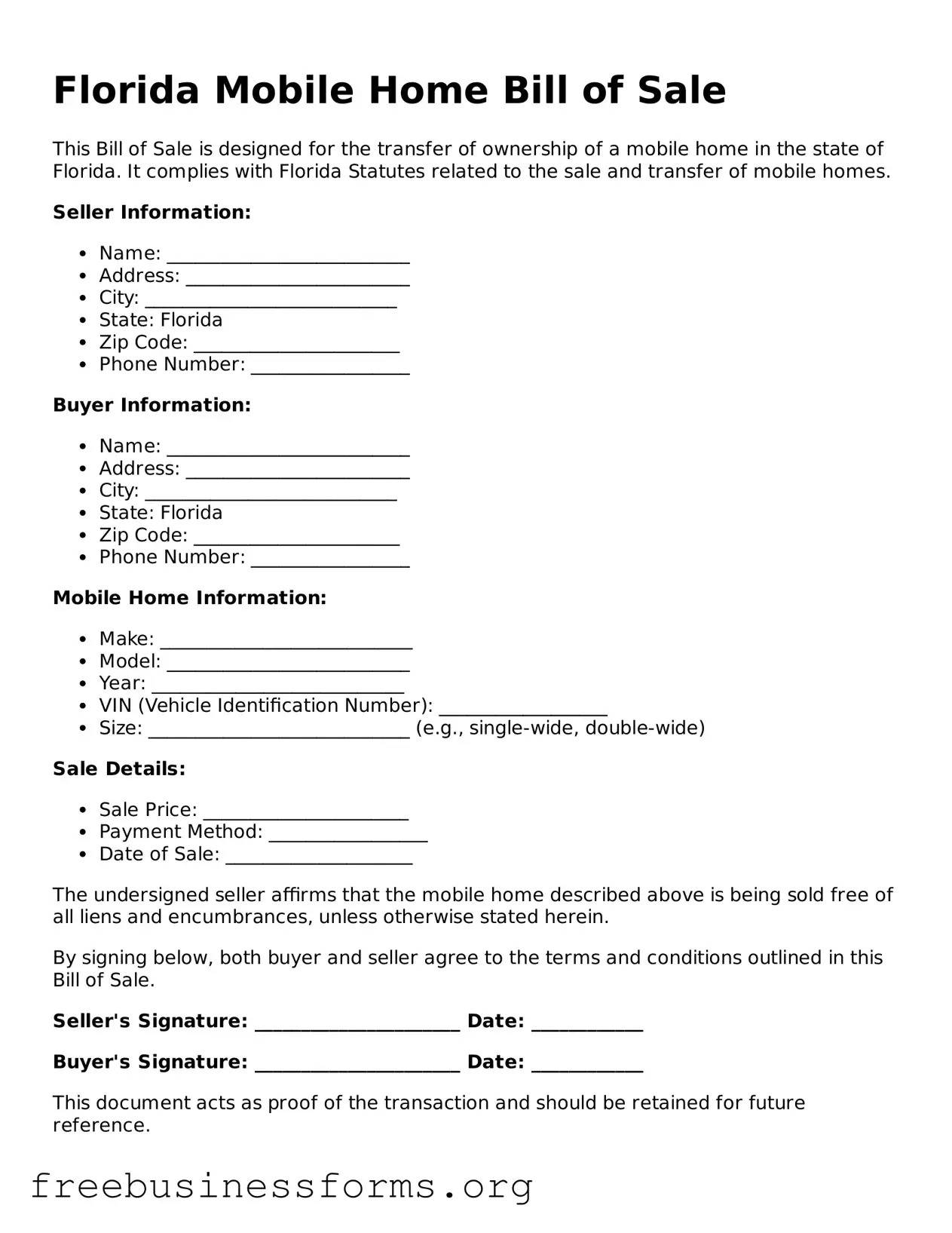 Blank  Mobile Home Bill of Sale Template for Florida