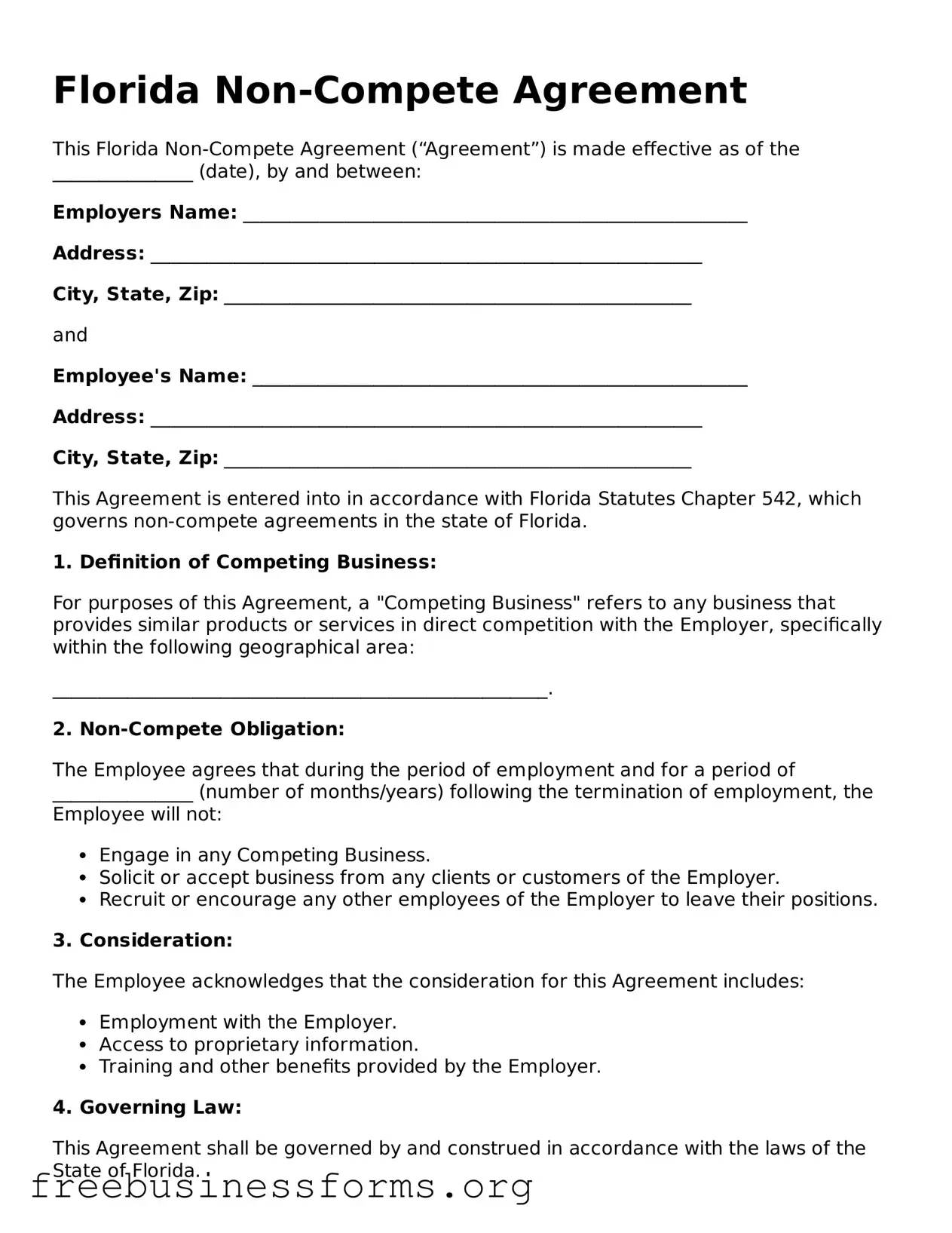 Blank  Non-compete Agreement Template for Florida