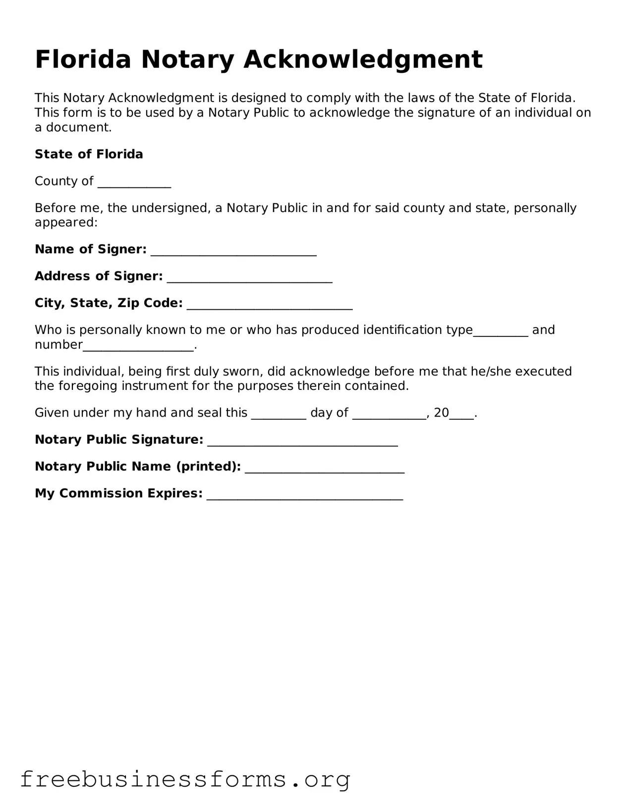 Blank  Notary Acknowledgement Template for Florida