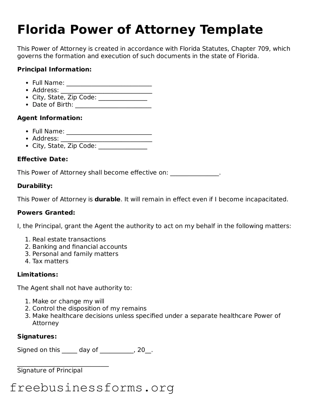 Blank  Power of Attorney Template for Florida