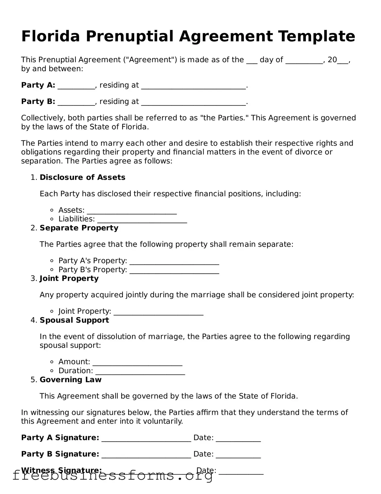 Blank  Prenuptial Agreement Template for Florida