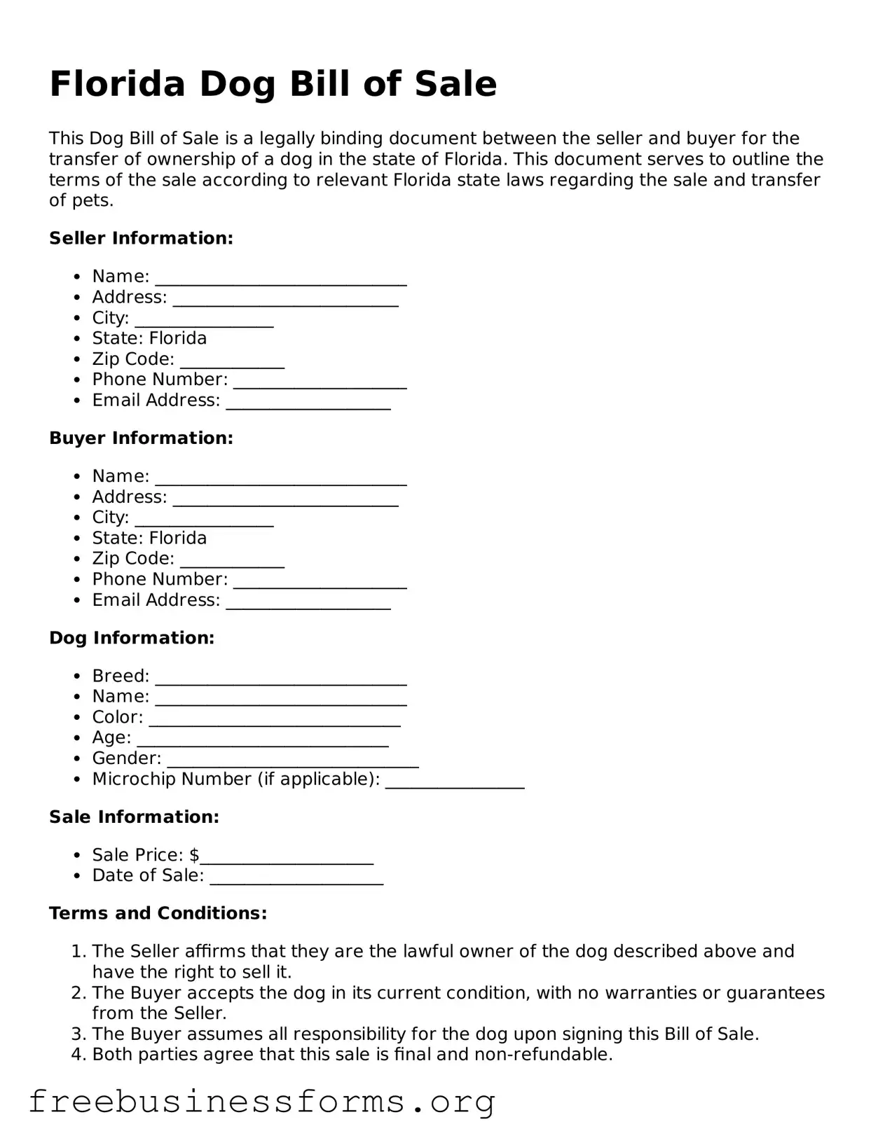 Blank Dog Bill of Sale Template for Florida