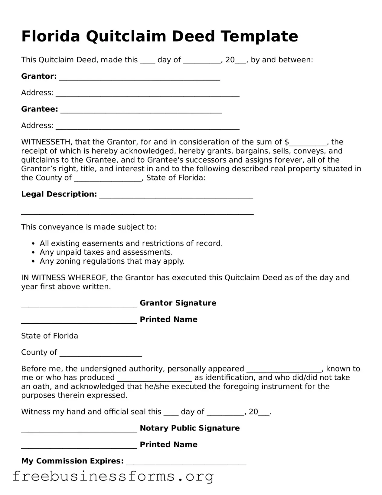 Blank  Quitclaim Deed Template for Florida