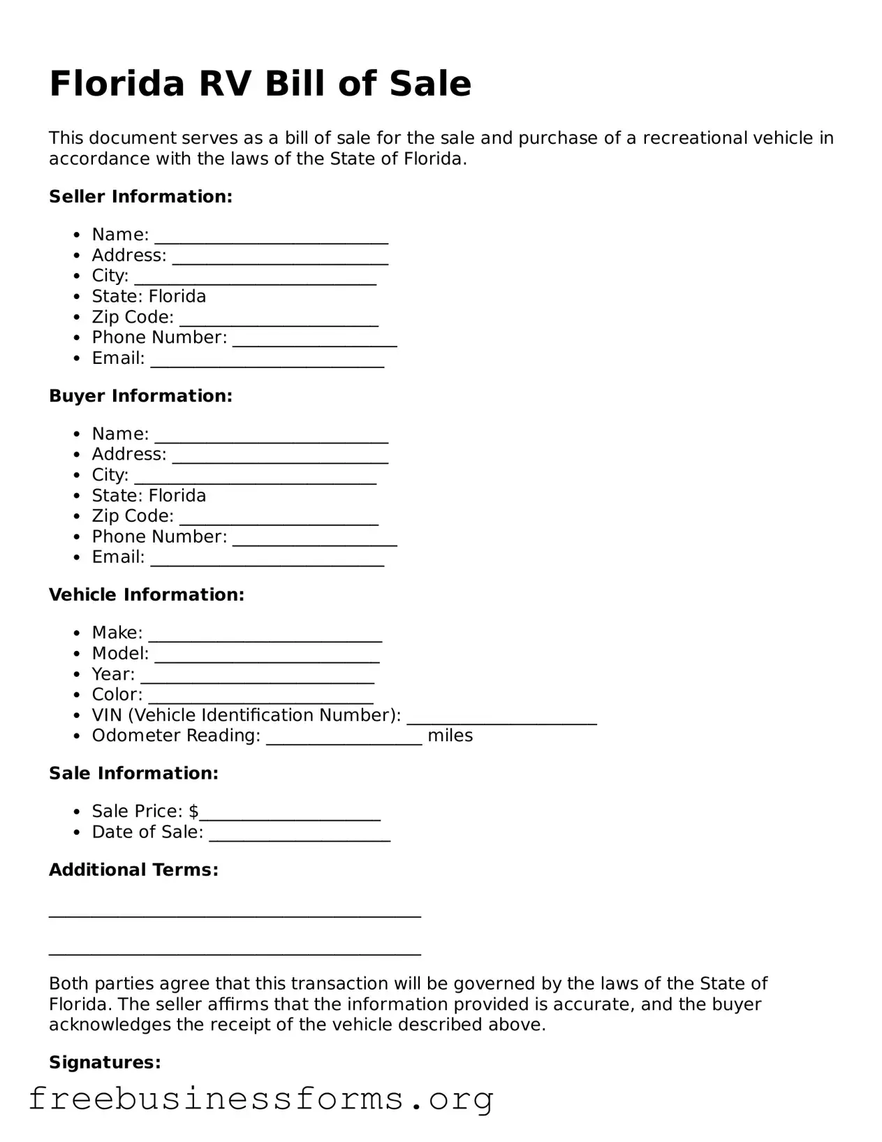 Blank  RV Bill of Sale Template for Florida