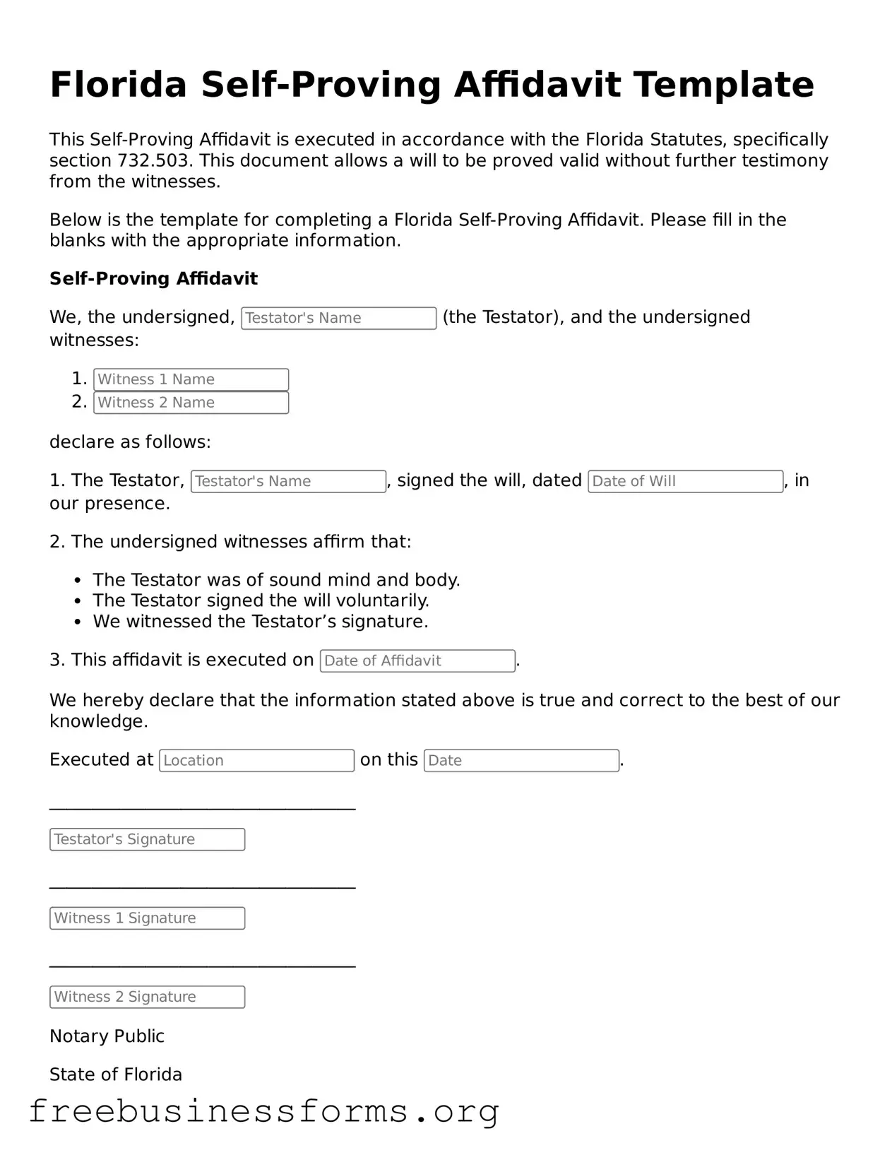 Blank Self-Proving Affidavit Template for Florida