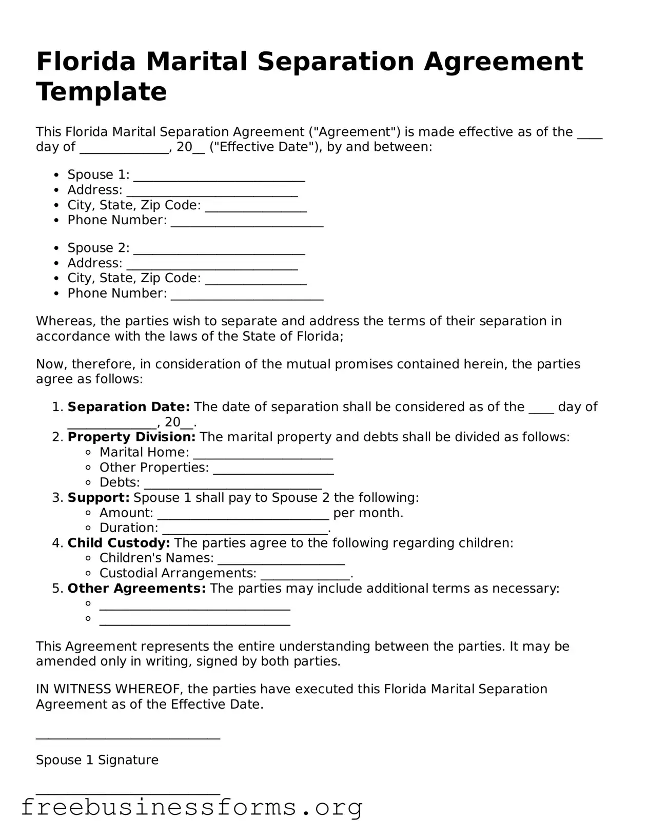 Blank  Marital Separation Agreement Template for Florida