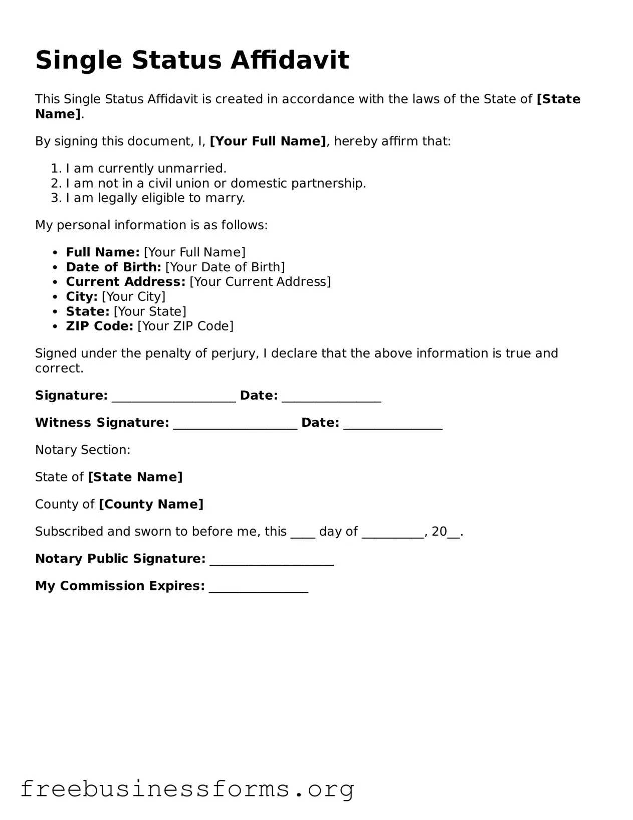 Official Single Status Affidavit Form