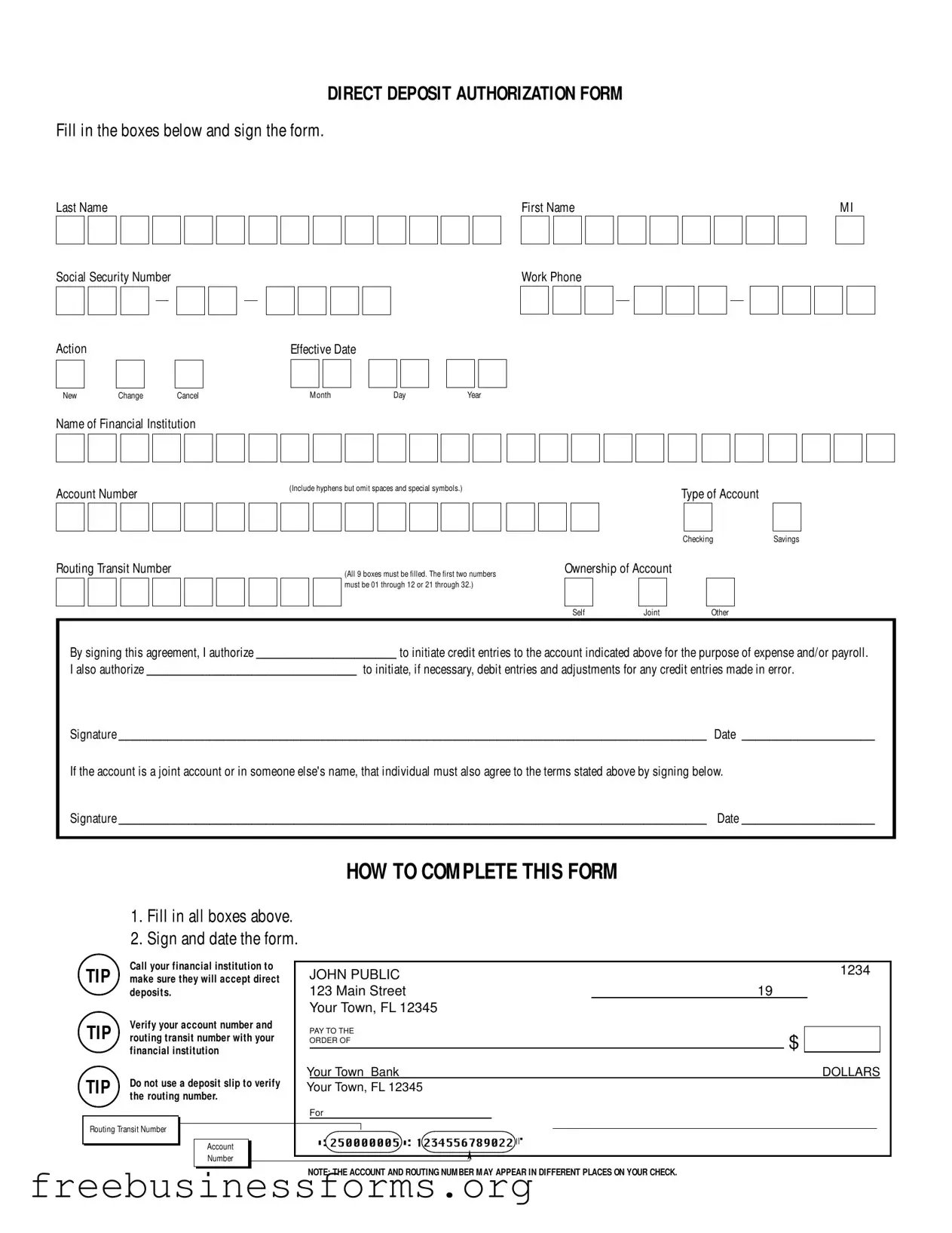 Official Generic Direct Deposit Form in PDF