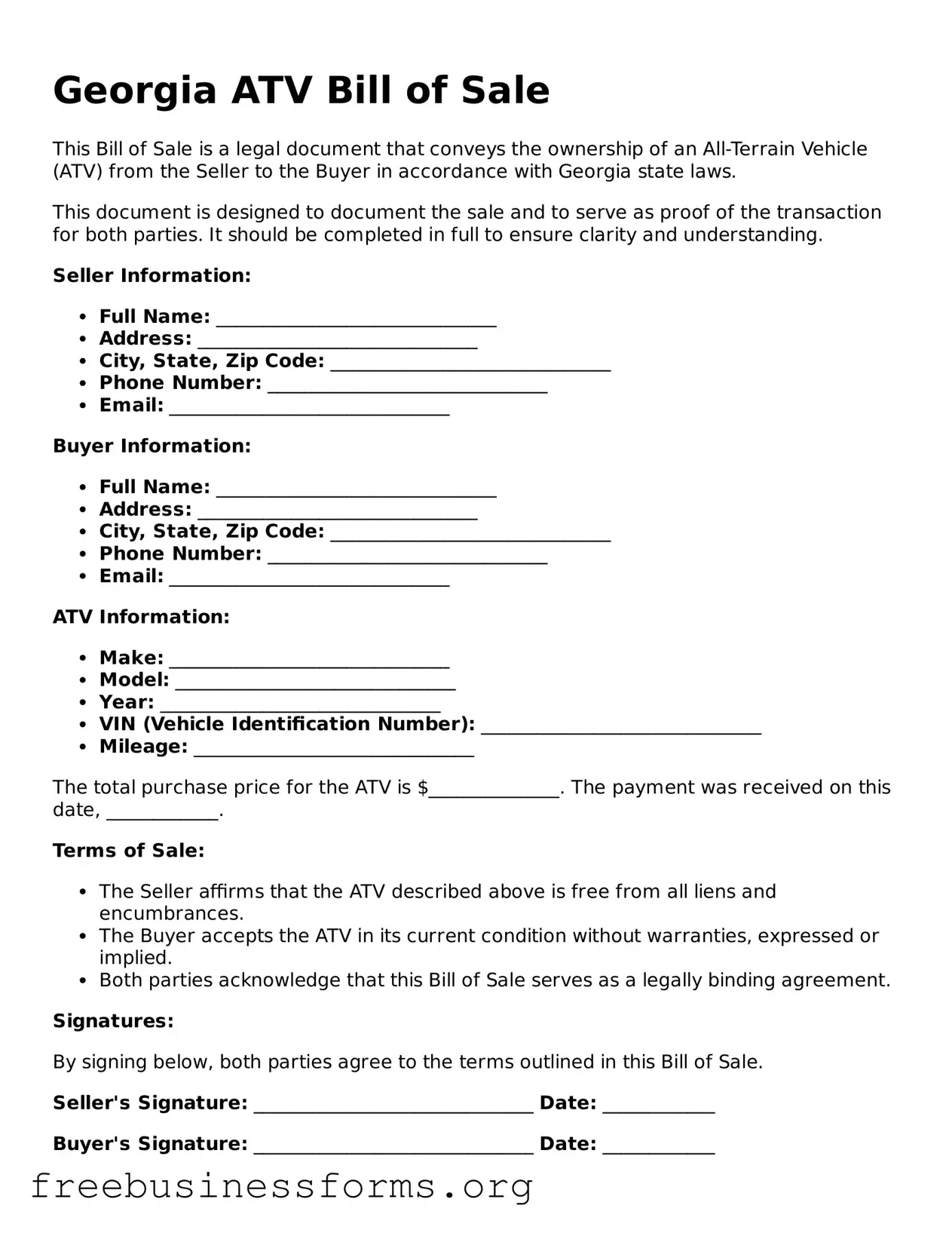 Blank  ATV Bill of Sale Template for Georgia