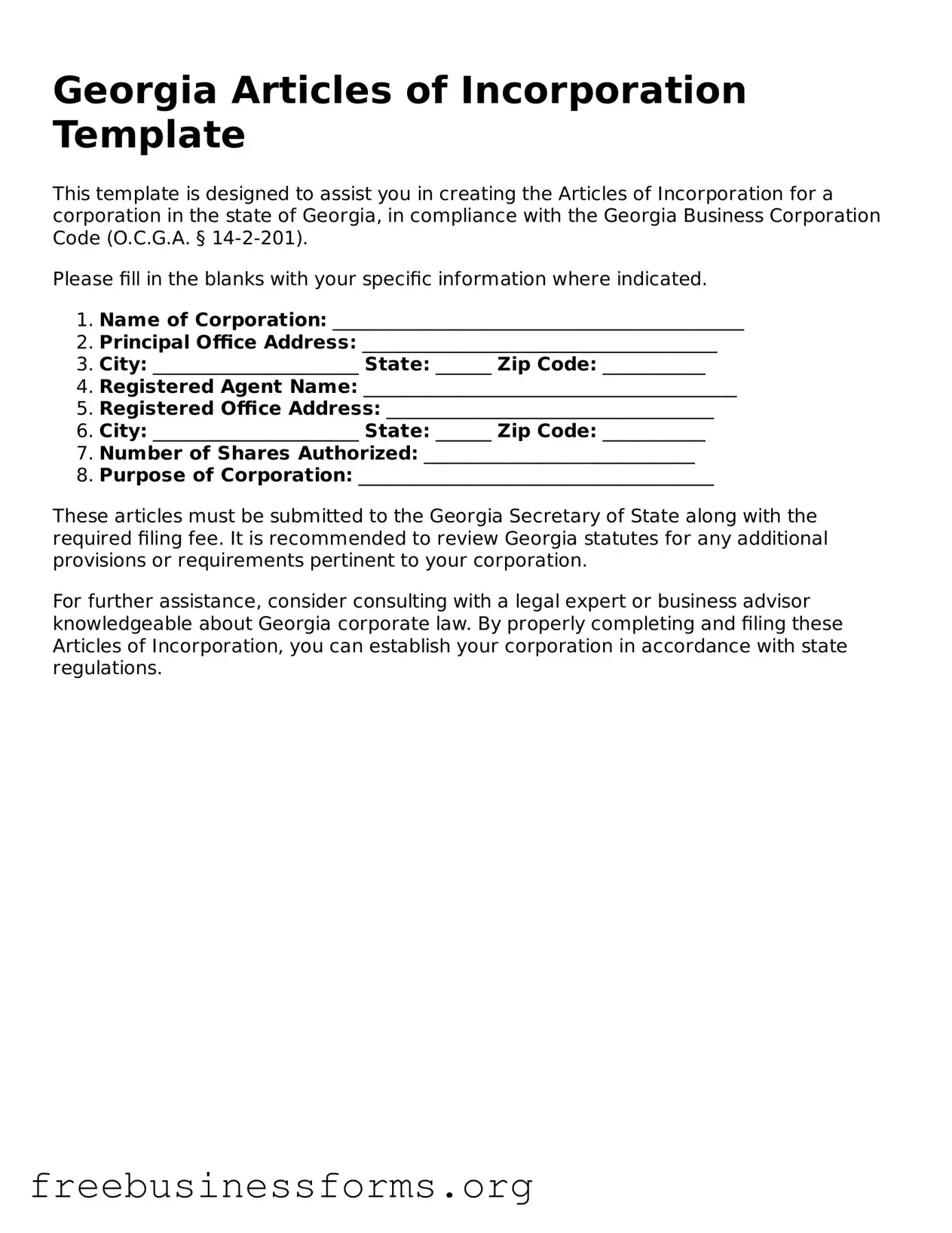 Blank  Articles of Incorporation Template for Georgia