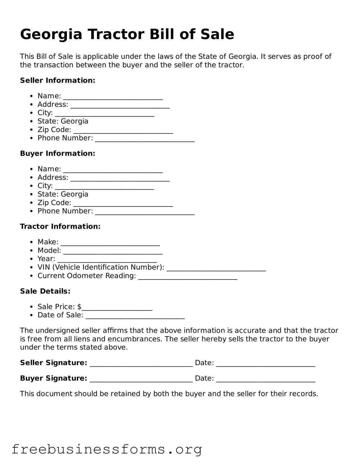 Blank  Tractor Bill of Sale Template for Georgia