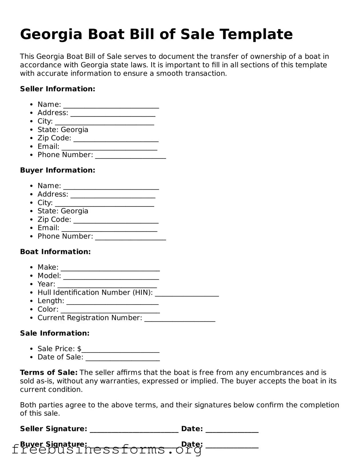 Blank  Boat Bill of Sale Template for Georgia