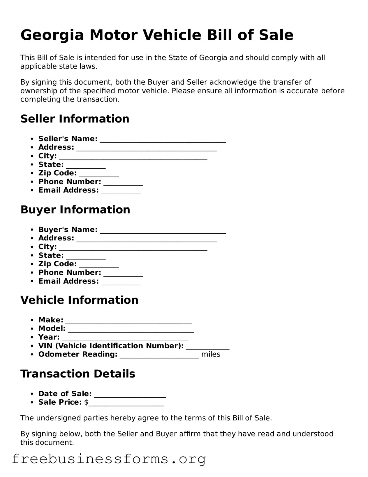 Blank  Motor Vehicle Bill of Sale Template for Georgia