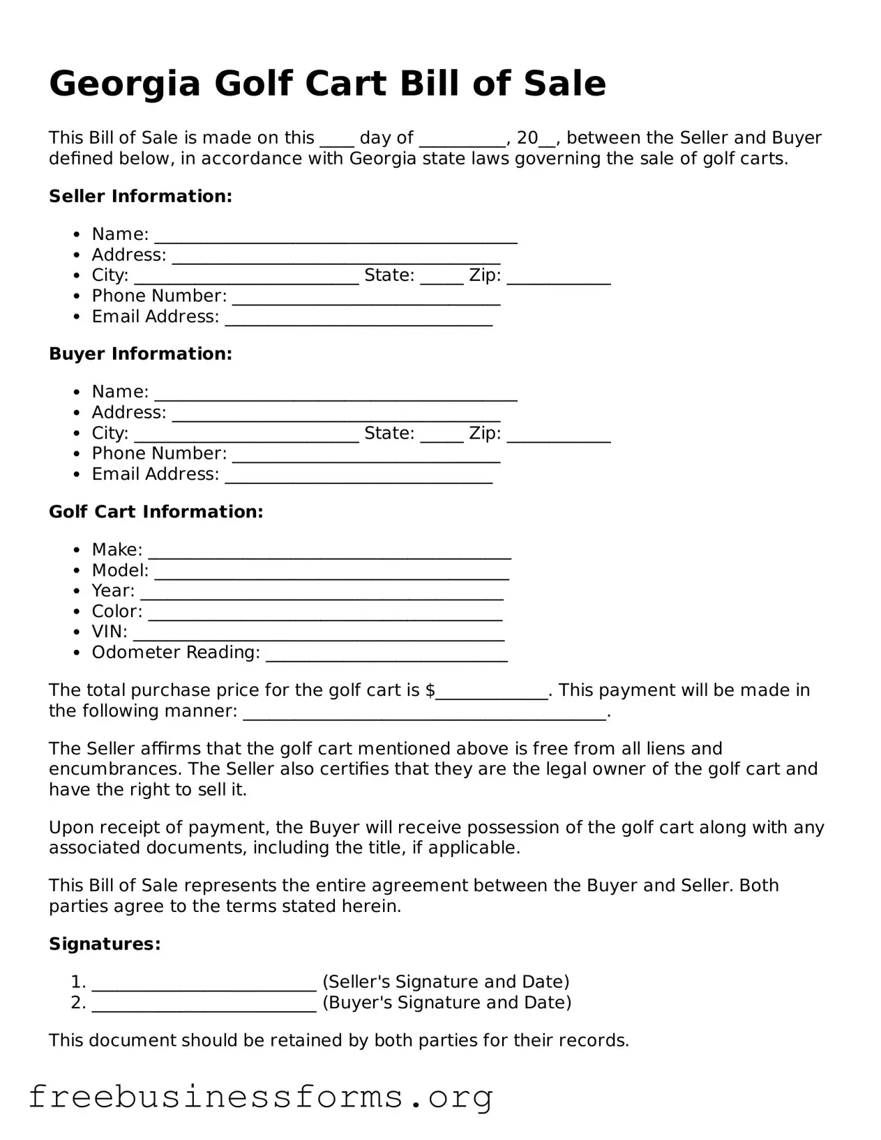 Blank  Golf Cart Bill of Sale Template for Georgia