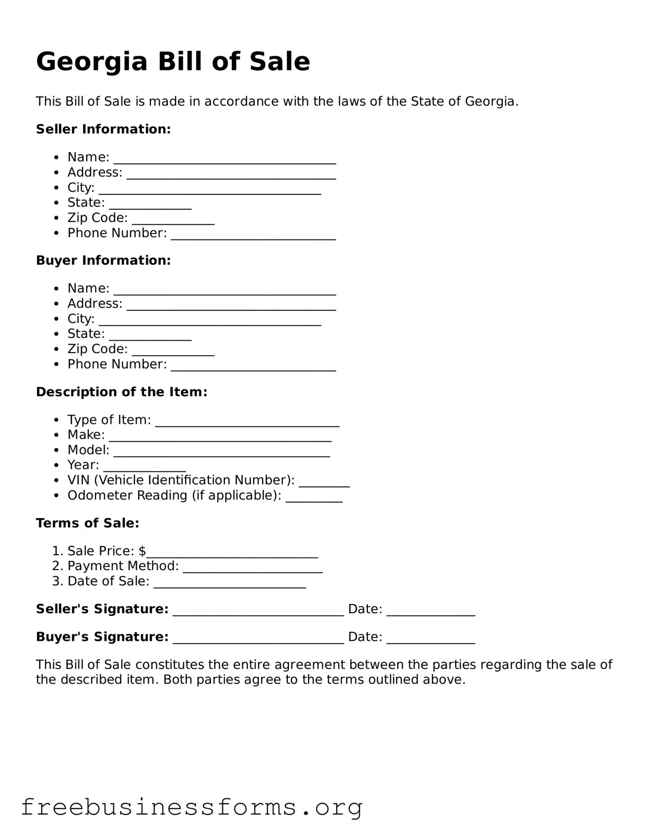 Blank Bill of Sale Template for Georgia