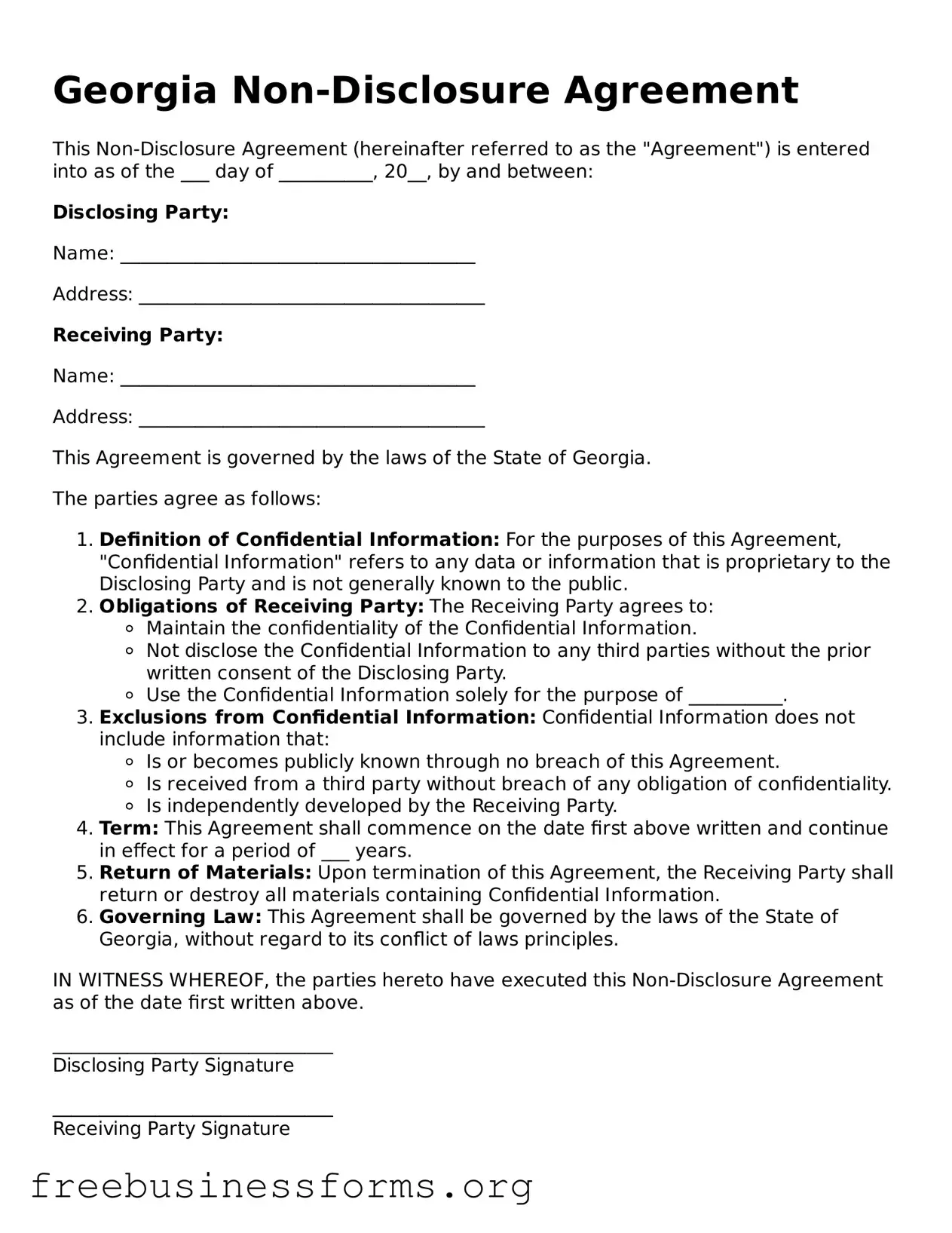 Blank  Non-disclosure Agreement Template for Georgia