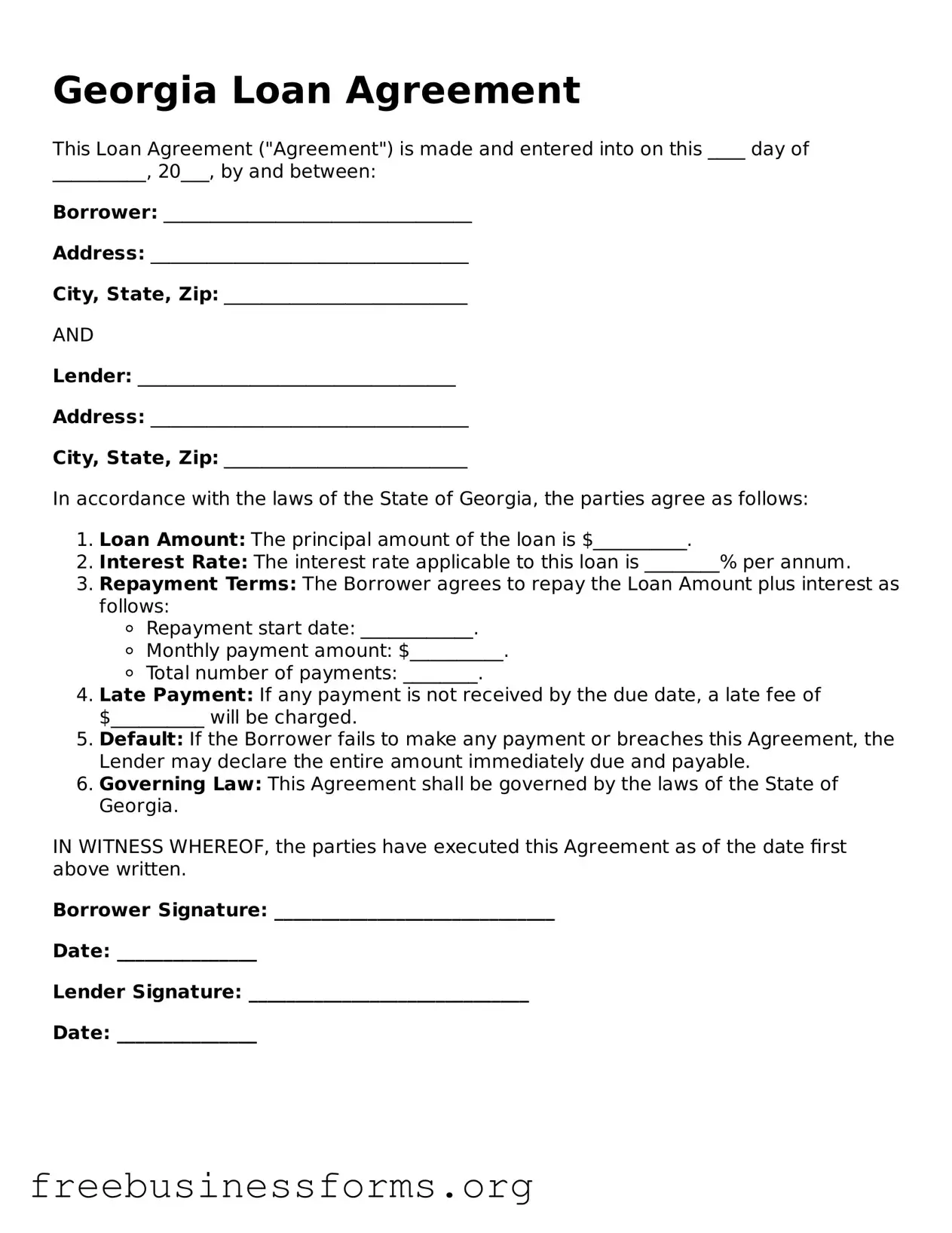 Blank  Loan Agreement Template for Georgia