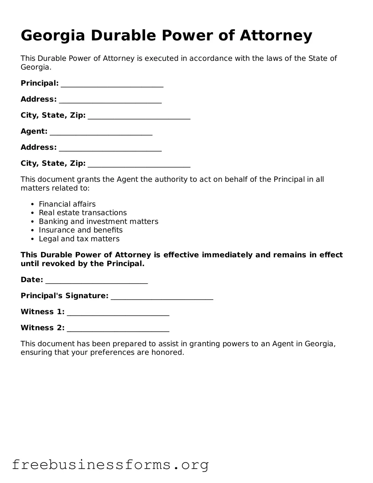 Blank Durable Power of Attorney Template for Georgia