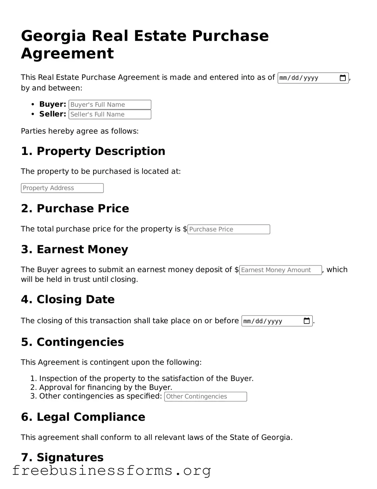 Blank  Real Estate Purchase Agreement Template for Georgia