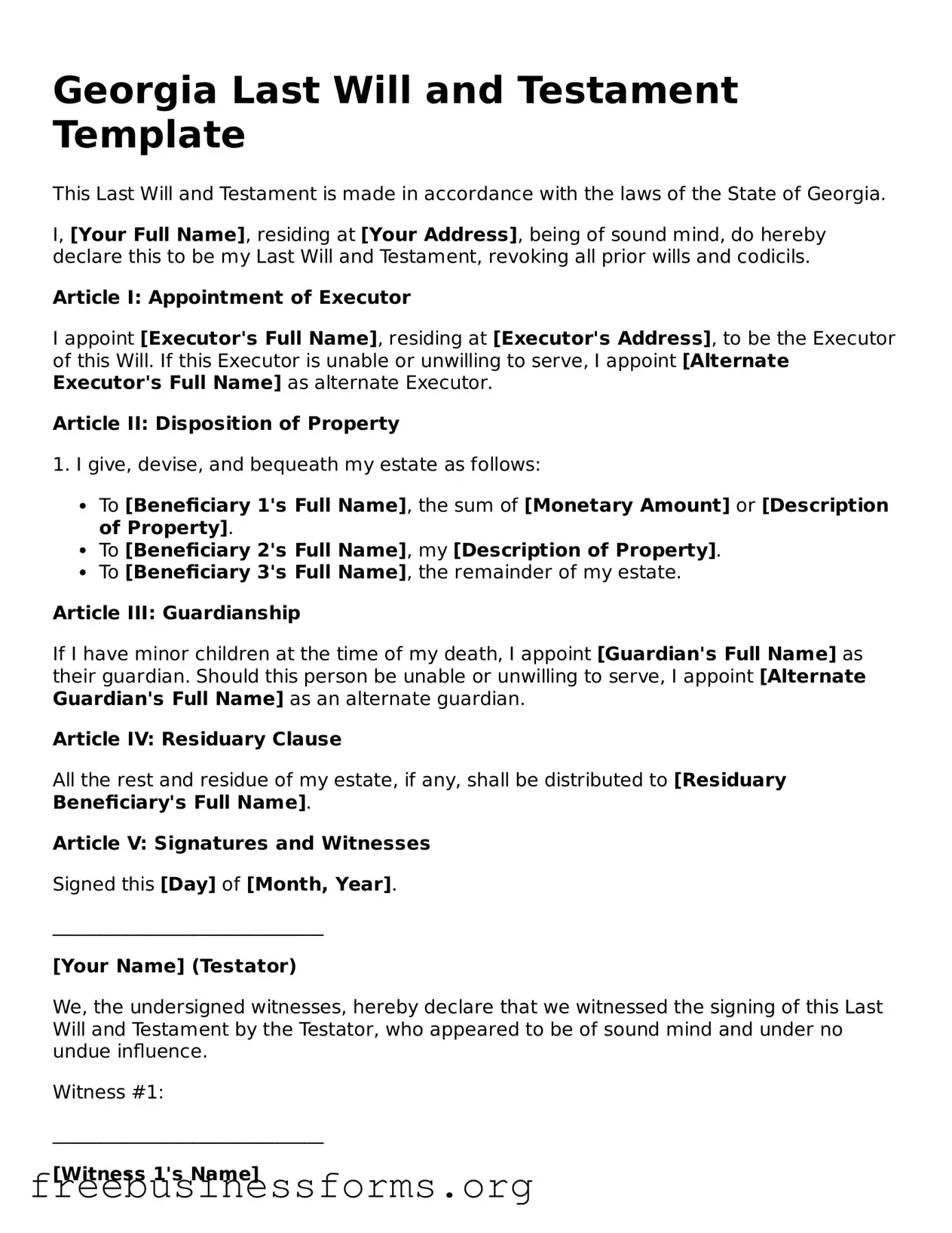 Blank  Last Will and Testament Template for Georgia