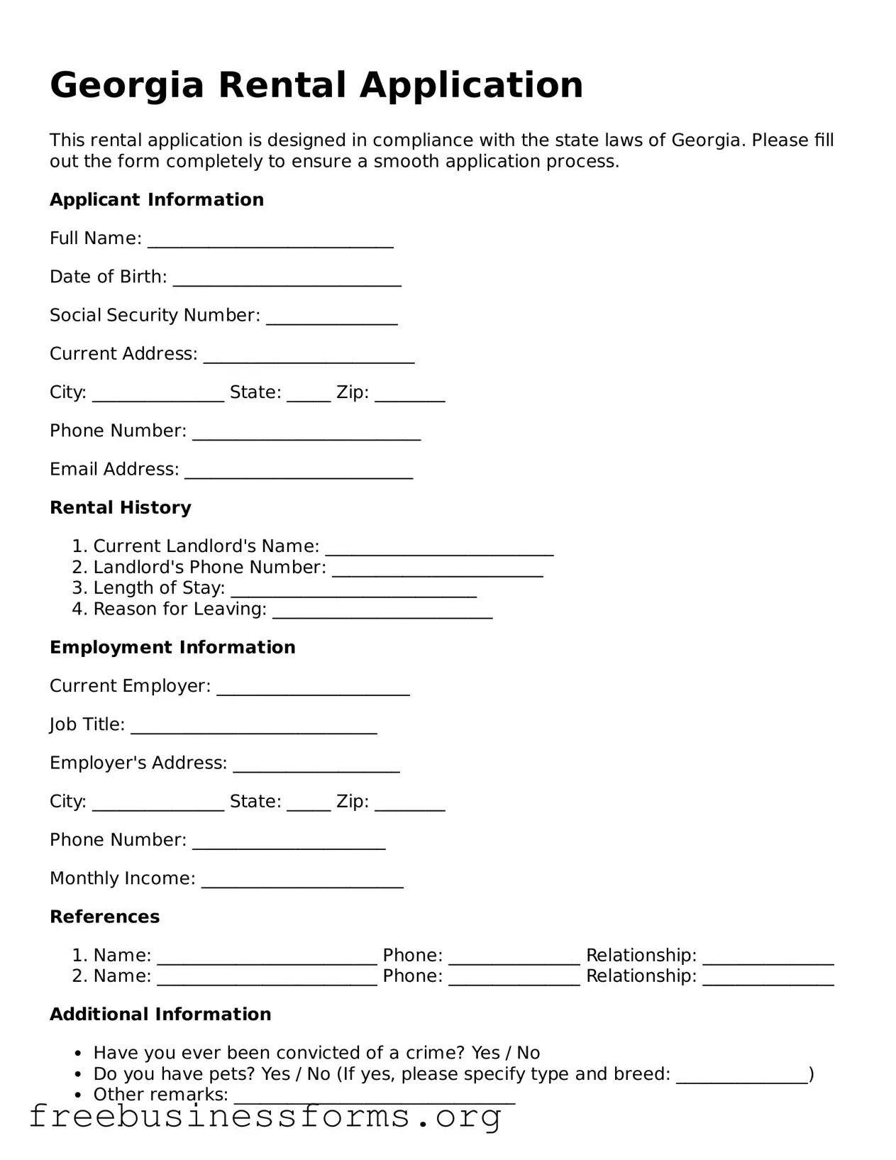 Blank  Rental Application Template for Georgia