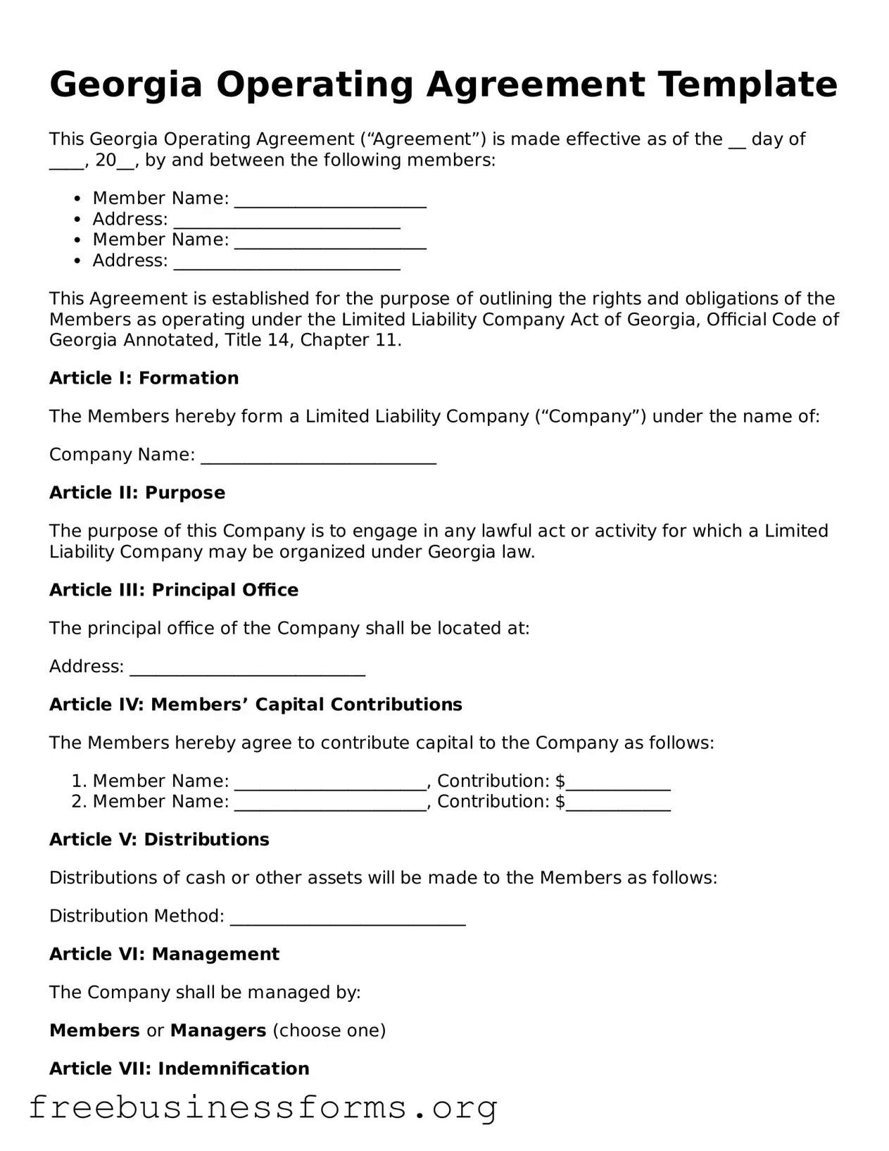 Blank  Operating Agreement Template for Georgia