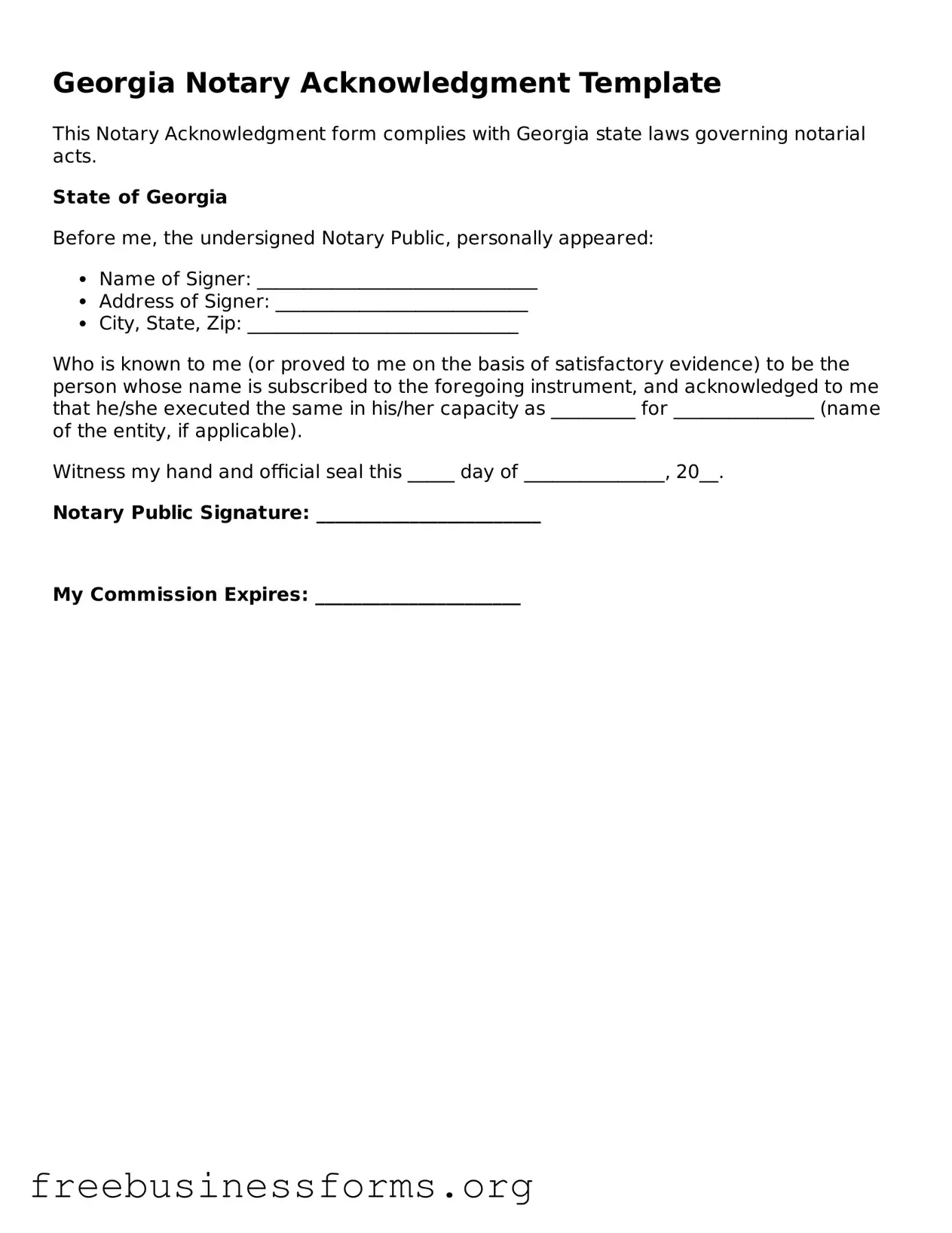 Blank Notary Acknowledgement Template for Georgia