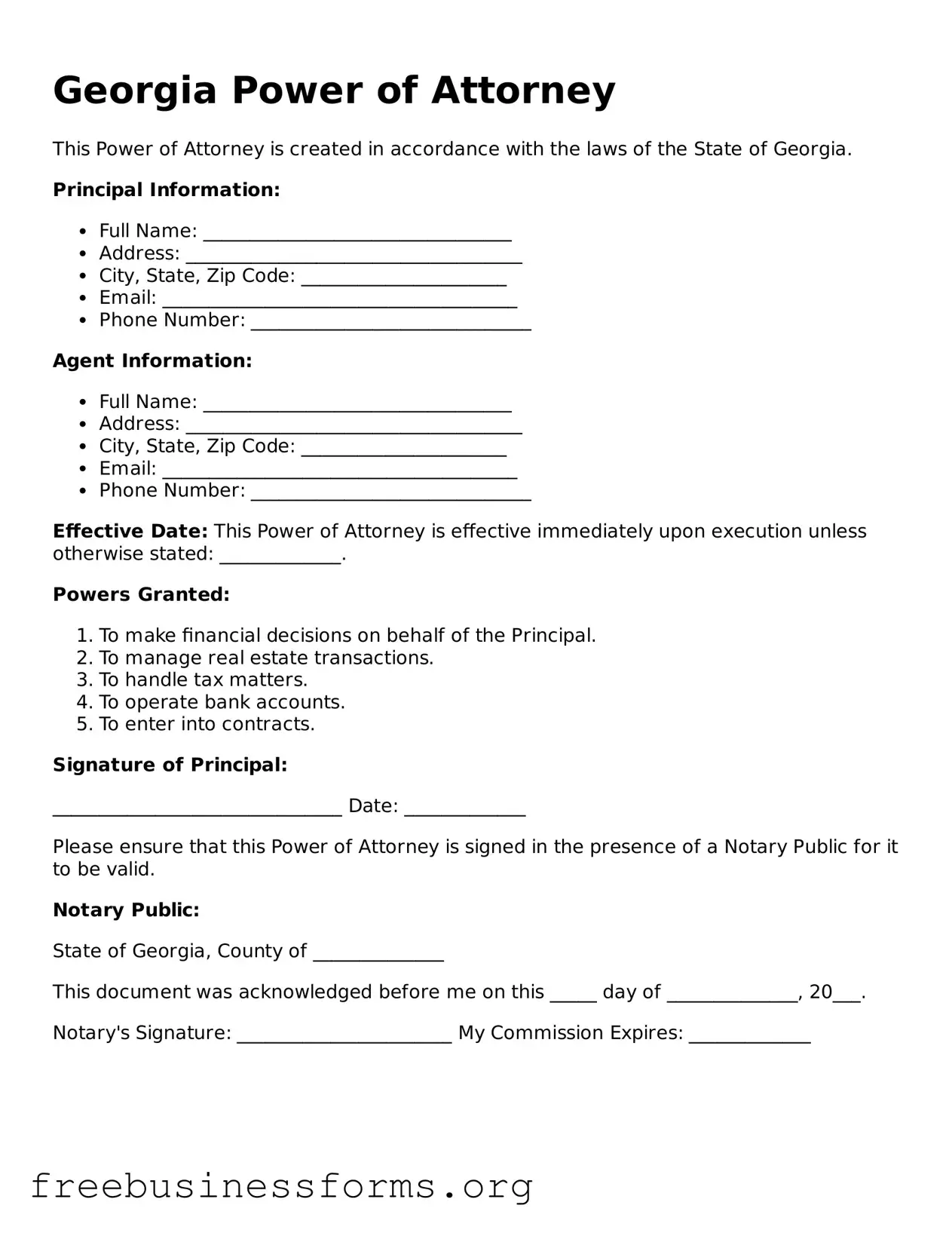 Blank  Power of Attorney Template for Georgia
