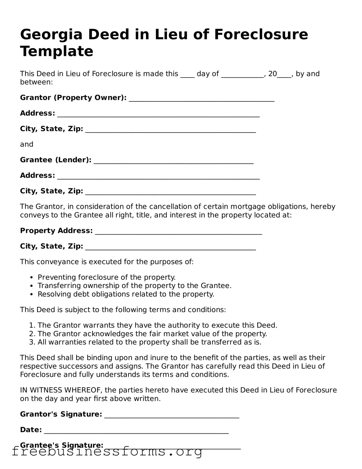 Blank  Deed in Lieu of Foreclosure Template for Georgia