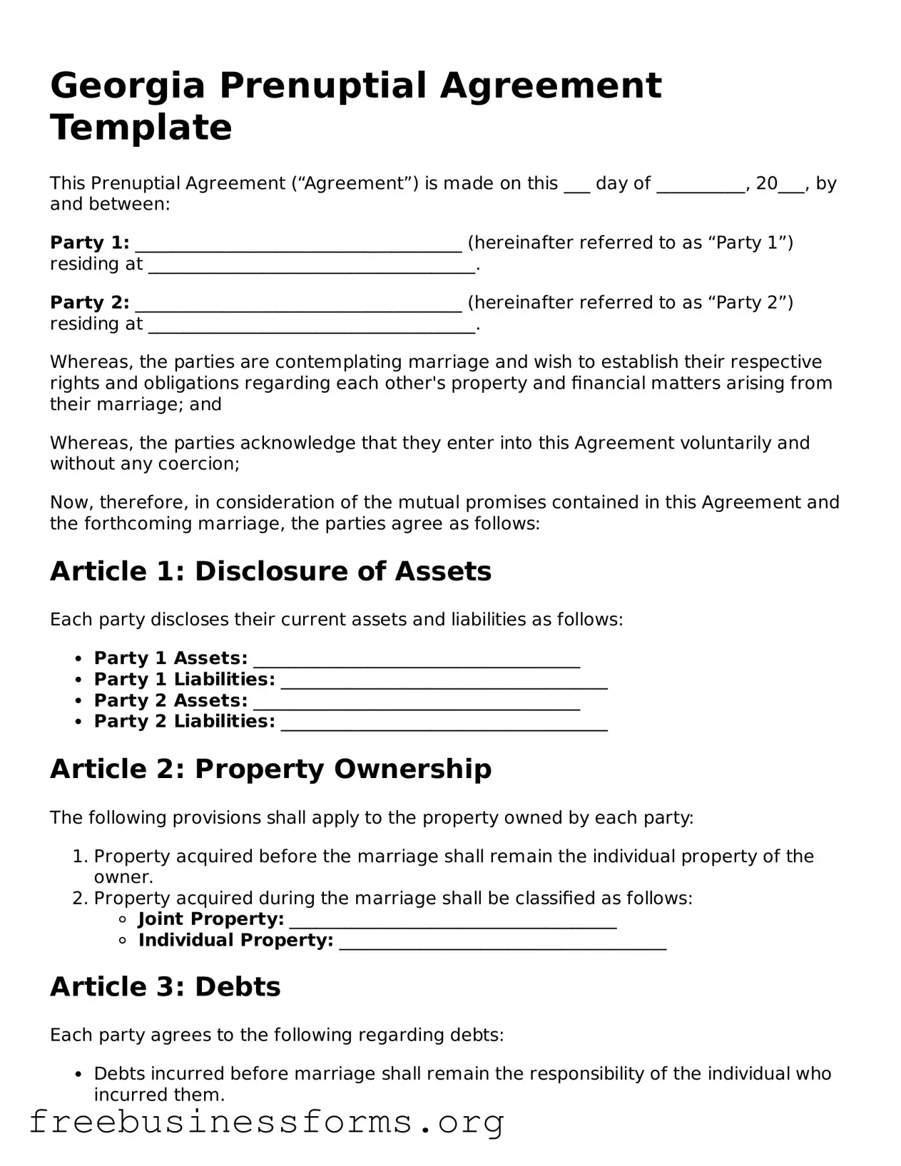 Blank  Prenuptial Agreement Template for Georgia