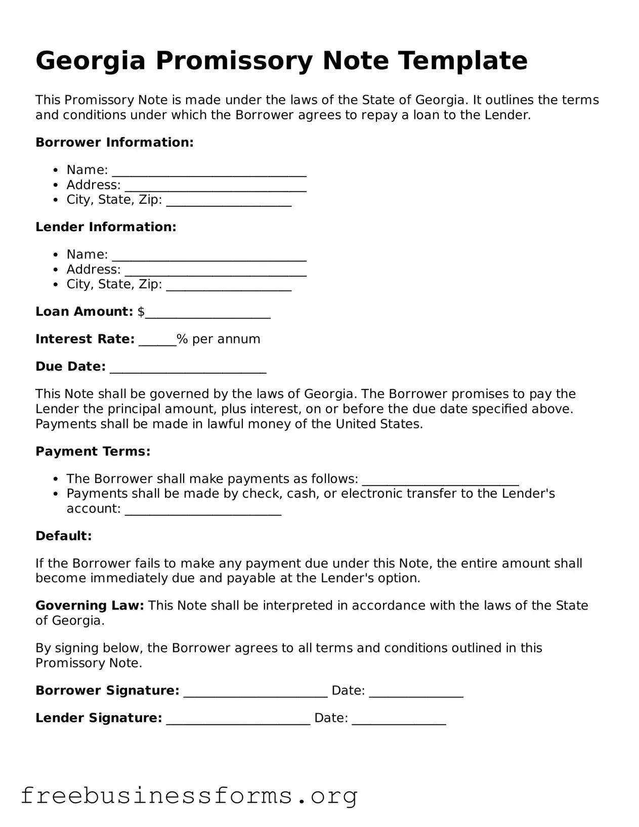 Blank  Promissory Note Template for Georgia
