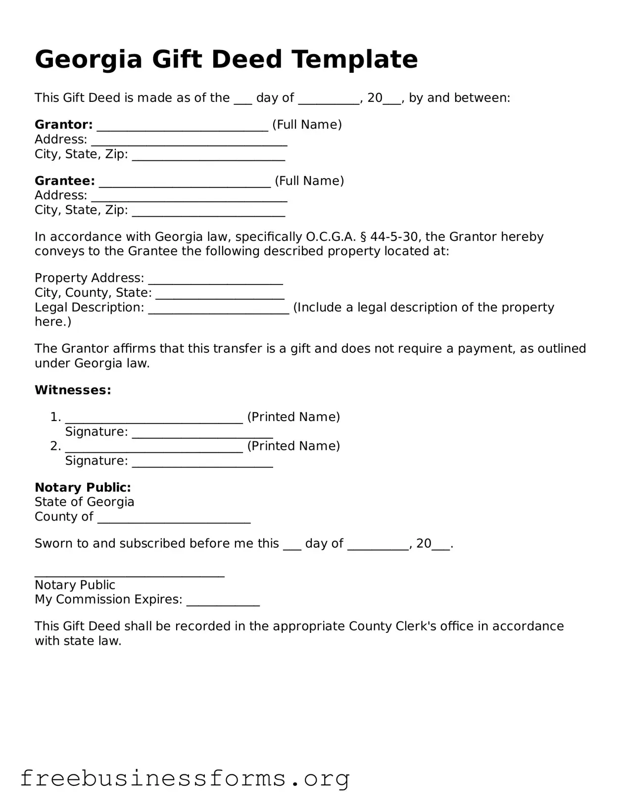Blank  Gift Deed Template for Georgia