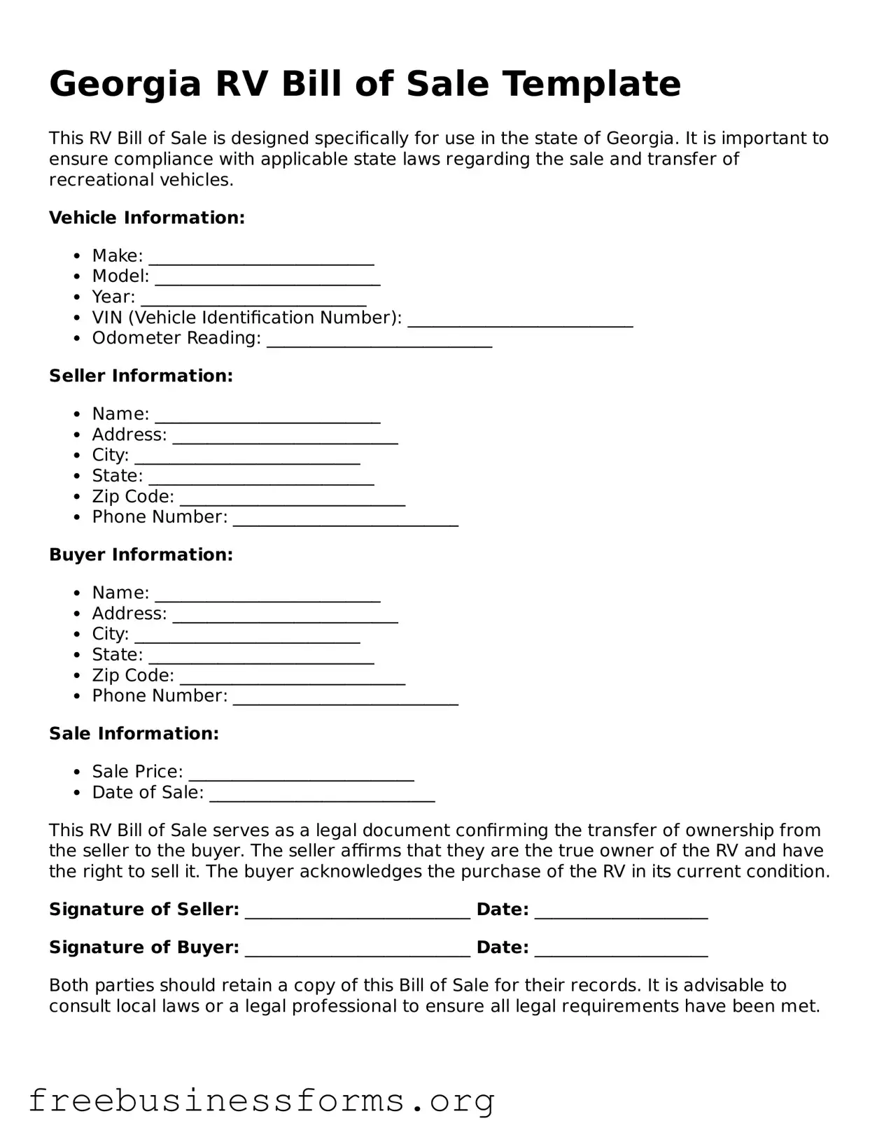 Blank  RV Bill of Sale Template for Georgia