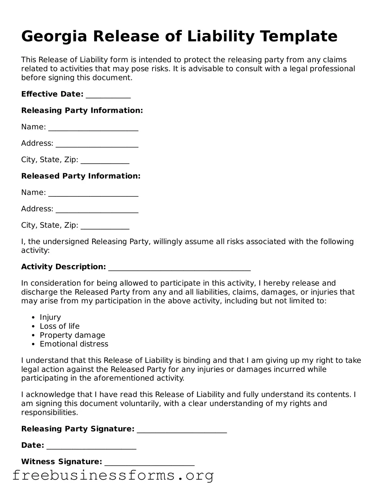 Blank  Release of Liability Template for Georgia