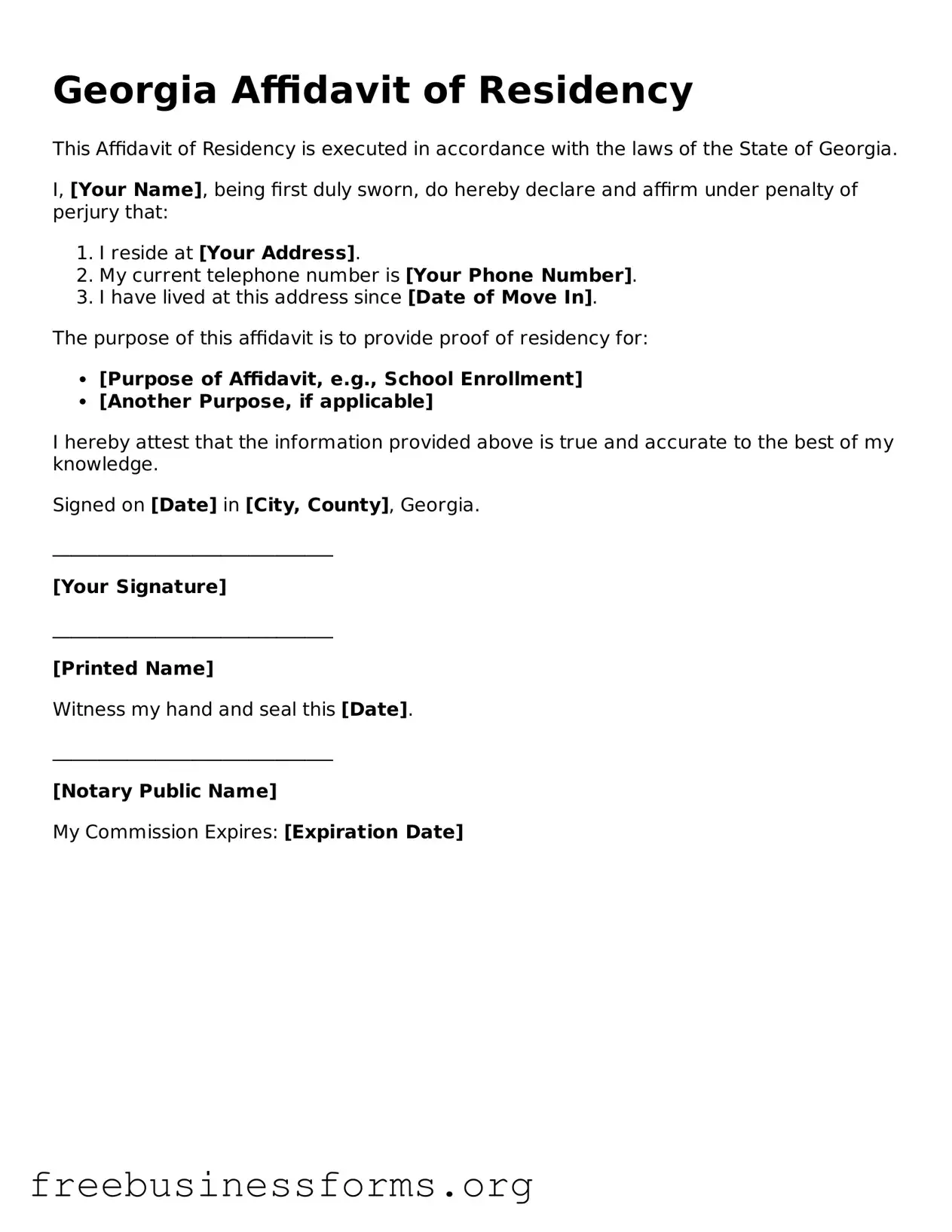 Blank Affidavit of Residency Template for Georgia