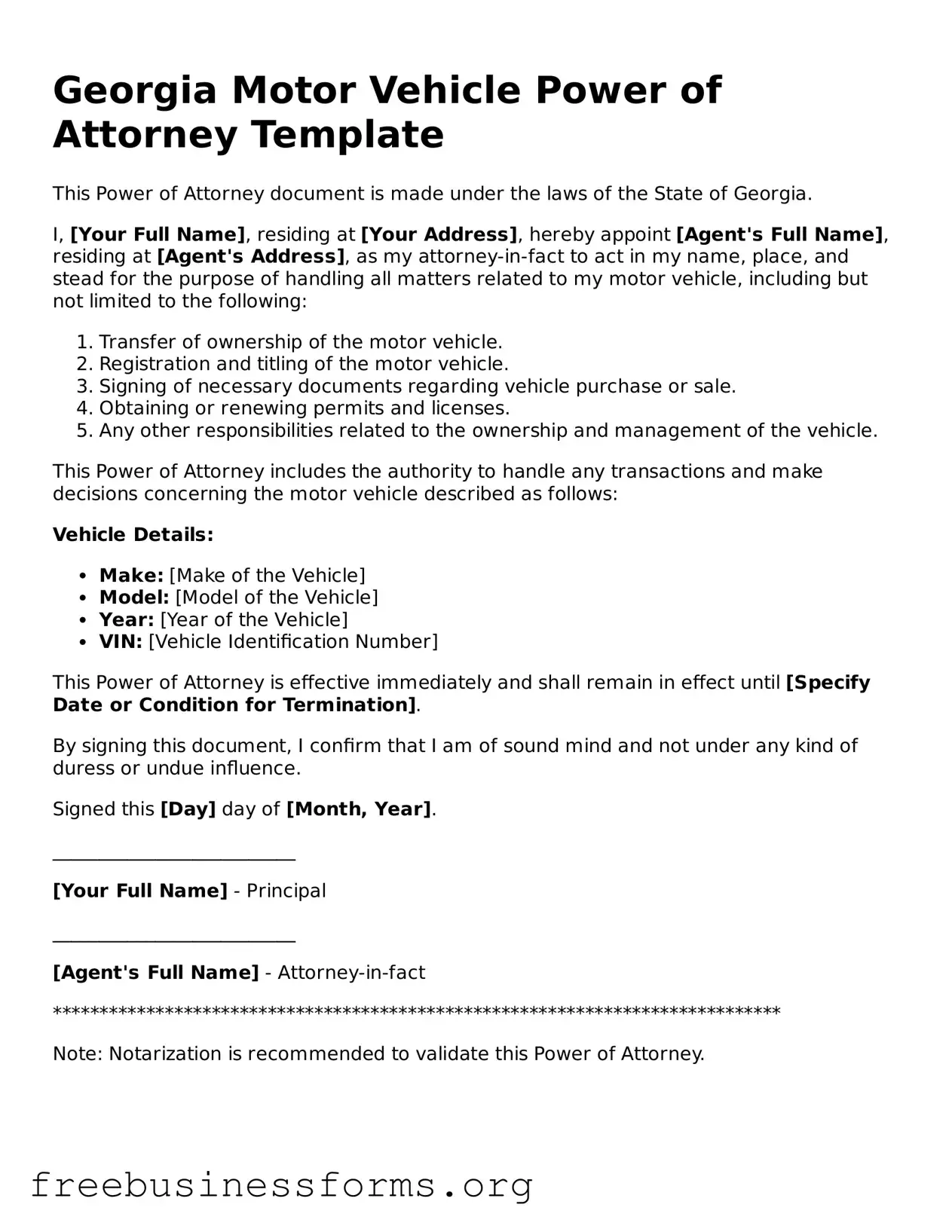 Blank  Motor Vehicle Power of Attorney Template for Georgia