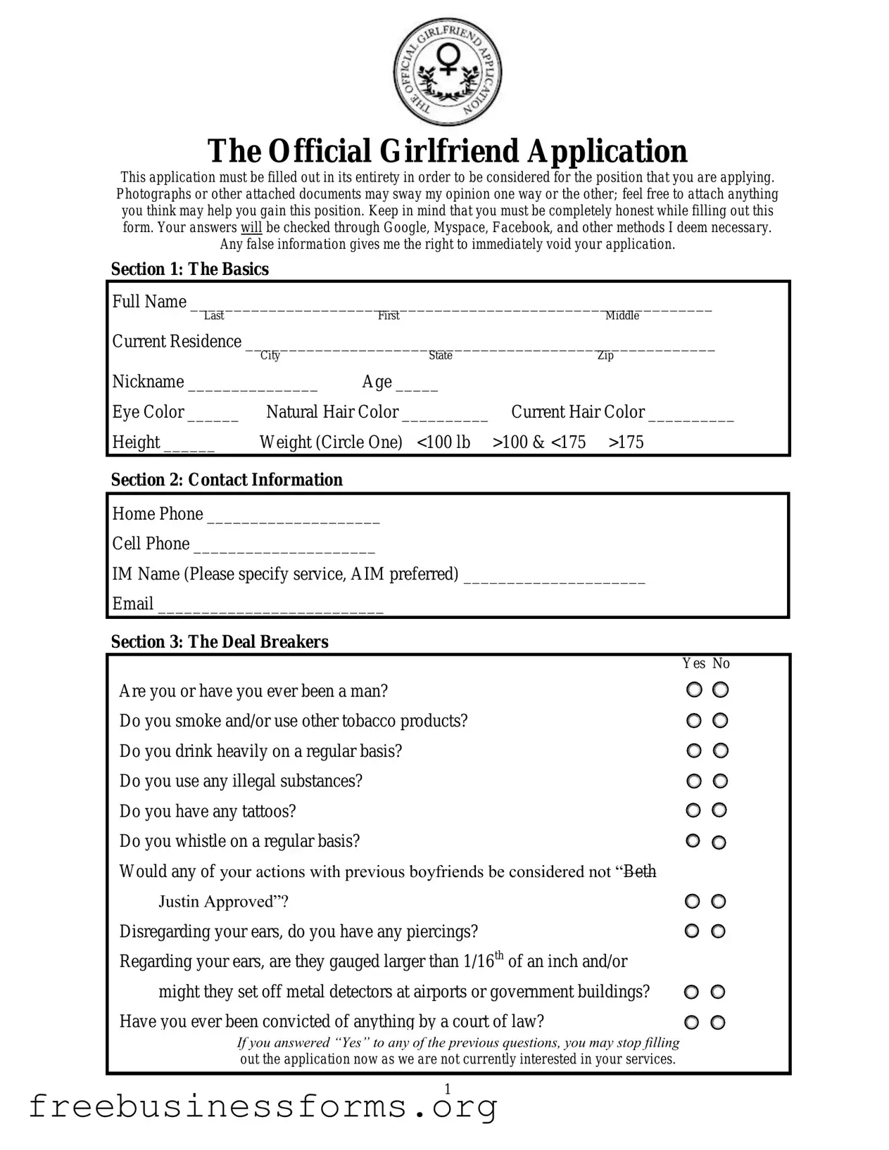 Official Girlfriend Application Form in PDF