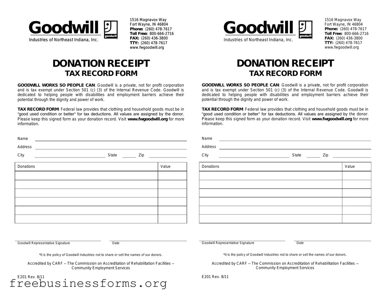 Official Goodwill donation receipt Form in PDF