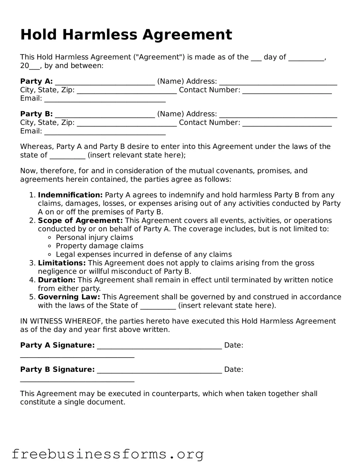 Official Hold Harmless Agreement Form