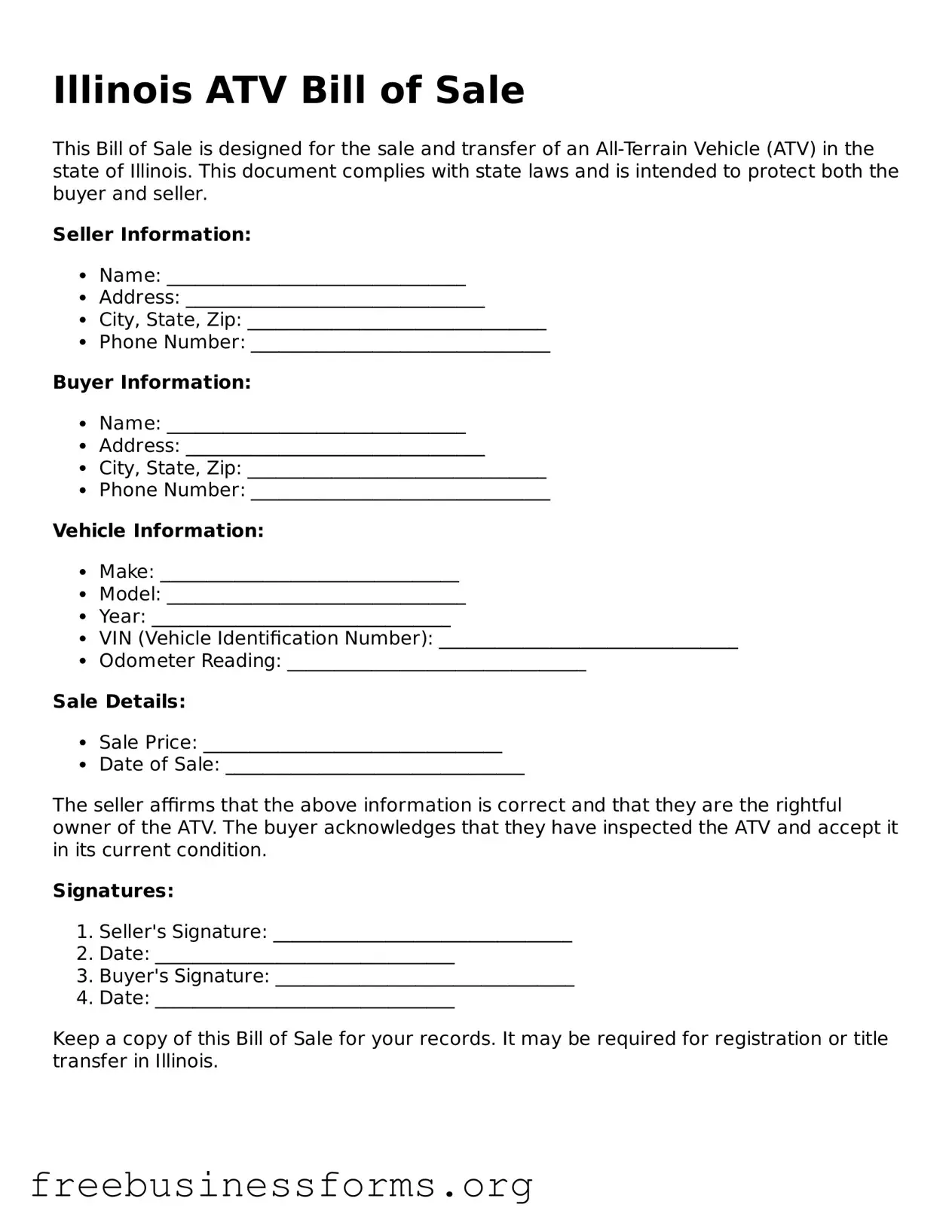 Blank ATV Bill of Sale Template for Illinois