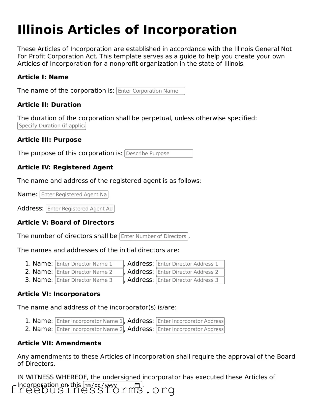 Blank Articles of Incorporation Template for Illinois