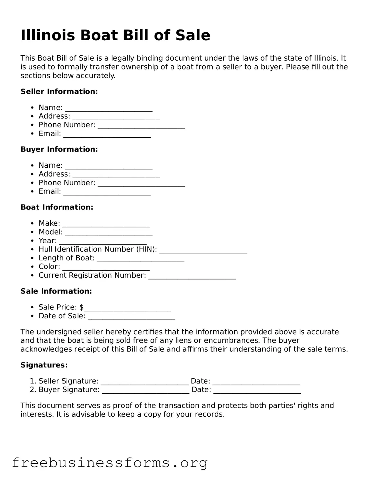 Blank  Boat Bill of Sale Template for Illinois