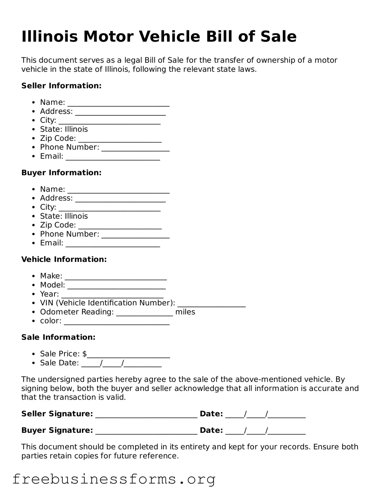 Blank  Motor Vehicle Bill of Sale Template for Illinois