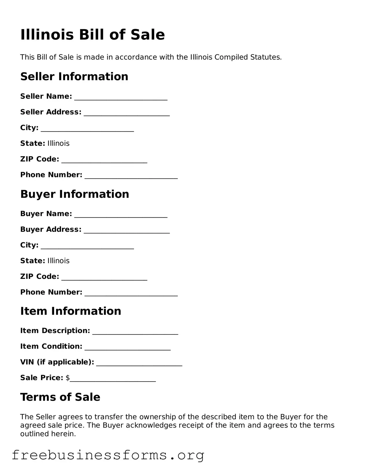 Blank  Bill of Sale Template for Illinois