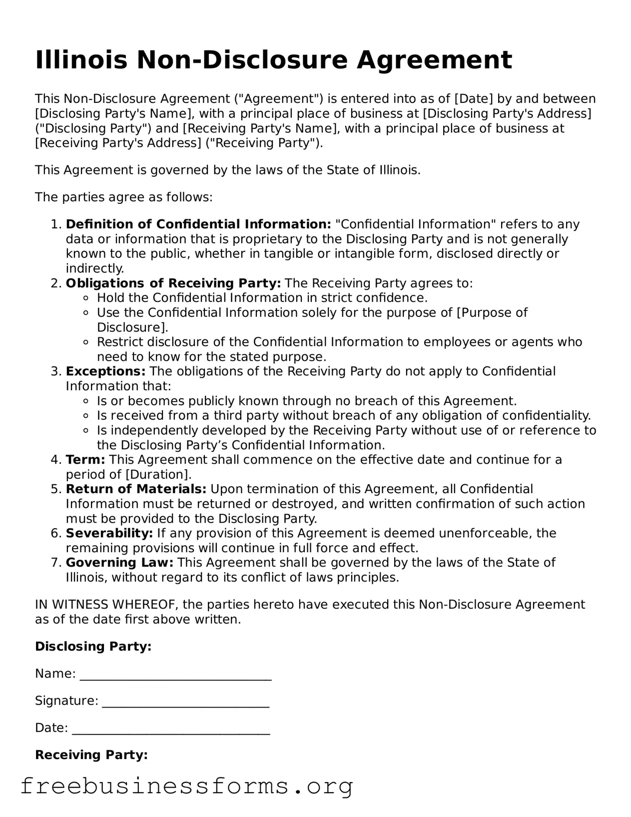 Blank  Non-disclosure Agreement Template for Illinois
